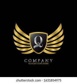 Golden Wing Shield  Luxury Initial  Letter Q logo design concept.
