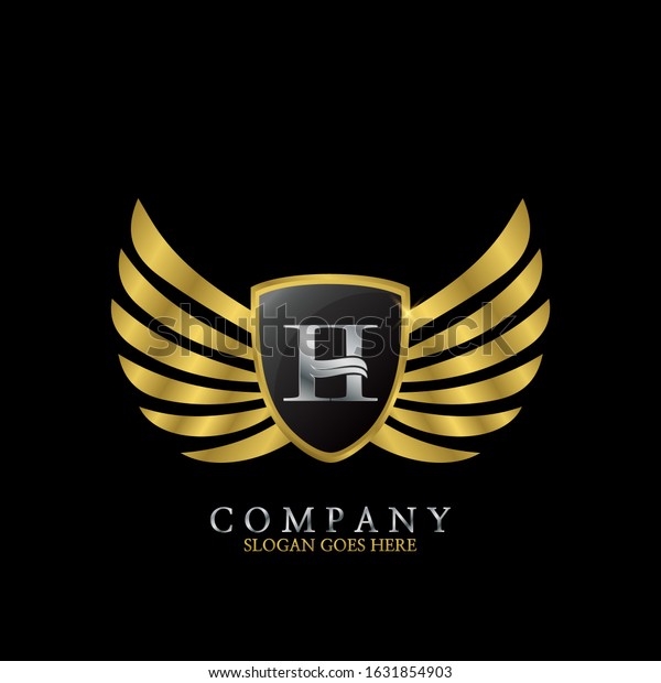 Golden Wing Shield  Luxury Initial  Letter H\
logo design concept.
