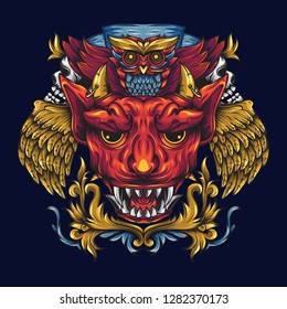 Golden winged devils and death owls. Illustration that depicts a horned and fanged devil's head and above it is an owl. With floral ornament