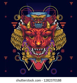 Golden winged devils and death owls. Illustration that depicts a horned and fanged devil's head and above it is an owl. With floral and sacred geometry
