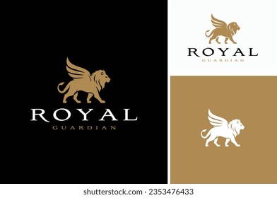 Golden Winged Leo or Majestic Lion King Silhouette with Eagle Wings like Griffin for Classic Royal Premium Vintage Logo Design