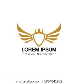 Golden winged shield with crown logo vector illustration design isolated white background