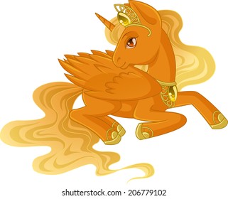 Golden winged unicorn with a light yellow mane is lying