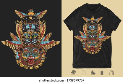 Golden wings, black panther, tiger and grizzly bear head. Mayan and Aztec style. Creative print for dark clothes. T-shirt design. Template for posters, textiles, apparels. Ancient totem 