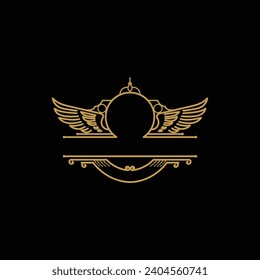 Golden Wings Border Frame Royal Crown Badge Emblem Stamp Label Logo Design Vector