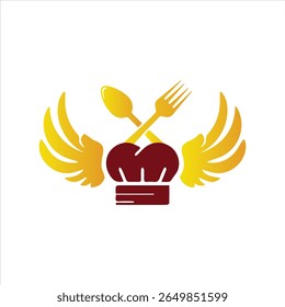 Golden wings chef hat logo with crossed spoon and fork for culinary identity