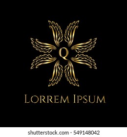 Golden wings forming crest frame luxury vector logo design template for boutique, restaurant, hotel, fashion store, menu, business card or brand identity pack with letter Q.