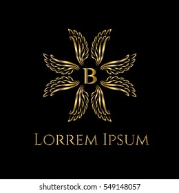 Golden wings forming crest frame luxury vector logo design template for boutique, restaurant, hotel, fashion store, menu, business card or brand identity pack with letter B.