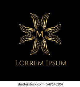 Golden wings forming crest frame luxury vector logo design template for boutique, restaurant, hotel, fashion store, menu, business card or brand identity pack with letter M.