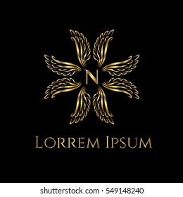 Golden wings forming crest frame luxury vector logo design template for boutique, restaurant, hotel, fashion store, menu, business card or brand identity pack with letter N.
