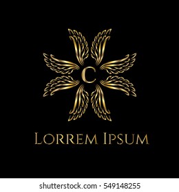 Golden wings forming crest frame luxury vector logo design template for boutique, restaurant, hotel, fashion store, menu, business card or brand identity pack with letter C.