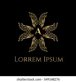 Golden wings forming crest frame luxury vector logo design template for boutique, restaurant, hotel, fashion store, menu, business card or brand identity pack with letter A.