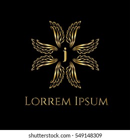Golden wings forming crest frame luxury vector logo design template for boutique, restaurant, hotel, fashion store, menu, business card or brand identity pack with letter j.