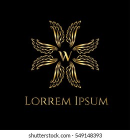 Golden wings forming crest frame luxury vector logo design template for boutique, restaurant, hotel, fashion store, menu, business card or brand identity pack with letter W.