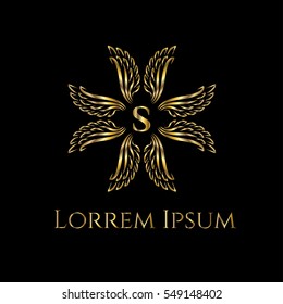 Golden wings forming crest frame luxury vector logo design template for boutique, restaurant, hotel, fashion store, menu, business card or brand identity pack with letter S.