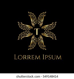 Golden wings forming crest frame luxury vector logo design template for boutique, restaurant, hotel, fashion store, menu, business card or brand identity pack with letter T.