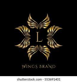 Golden wings frame luxury vector logo design template for boutique, restaurant, hotel, fashion store, menu, business card or brand identity pack with letter L.