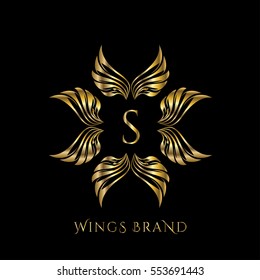 Golden wings frame luxury vector logo design template for boutique, restaurant, hotel, fashion store, menu, business card or brand identity pack with letter S.
