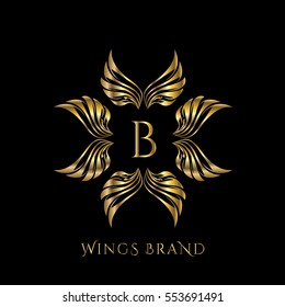 Golden wings frame luxury vector logo design template for boutique, restaurant, hotel, fashion store, menu, business card or brand identity pack with letter B.