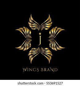 Golden wings frame luxury vector logo design template for boutique, restaurant, hotel, fashion store, menu, business card or brand identity pack with letter J.