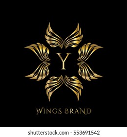 Golden wings frame luxury vector logo design template for boutique, restaurant, hotel, fashion store, menu, business card or brand identity pack with letter Y.