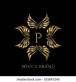 Golden wings frame luxury vector logo design template for boutique, restaurant, hotel, fashion store, menu, business card or brand identity pack with letter P.