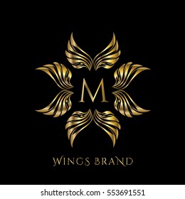 Golden wings frame luxury vector logo design template for boutique, restaurant, hotel, fashion store, menu, business card or brand identity pack with letter M.