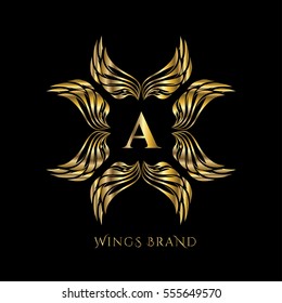 Golden wings frame luxury vector logo design template for boutique, restaurant, hotel, fashion store, menu, business card or brand identity pack with letter A.