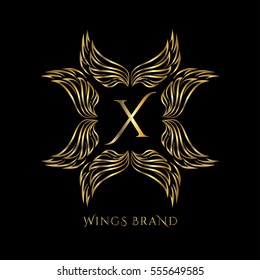 Golden wings frame luxury vector logo design template for boutique, restaurant, hotel, fashion store, menu, business card or brand identity pack with letter X.