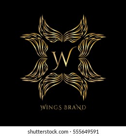 Golden wings frame luxury vector logo design template for boutique, restaurant, hotel, fashion store, menu, business card or brand identity pack with letter W.