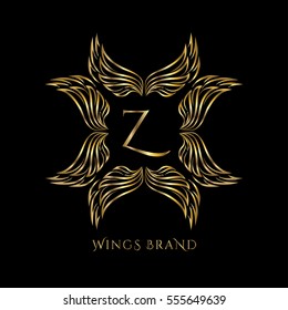 Golden wings frame luxury vector logo design template for boutique, restaurant, hotel, fashion store, menu, business card or brand identity pack with letter Z.
