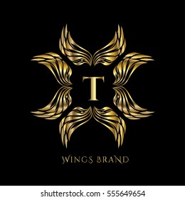 Golden wings frame luxury vector logo design template for boutique, restaurant, hotel, fashion store, menu, business card or brand identity pack with letter T.