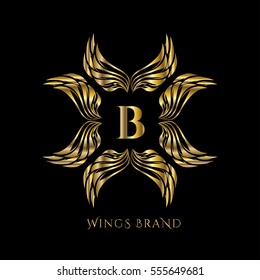 Golden wings frame luxury vector logo design template for boutique, restaurant, hotel, fashion store, menu, business card or brand identity pack with letter B.