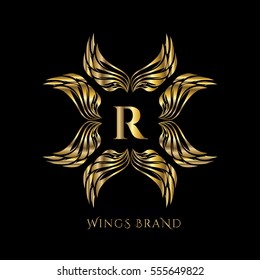 Golden wings frame luxury vector logo design template for boutique, restaurant, hotel, fashion store, menu, business card or brand identity pack with letter R.