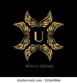 Golden wings frame luxury vector logo design template for boutique, restaurant, hotel, fashion store, menu, business card or brand identity pack with letter U.