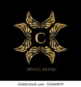 Golden wings frame luxury vector logo design template for boutique, restaurant, hotel, fashion store, menu, business card or brand identity pack with letter C.