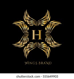 Golden wings frame luxury vector logo design template for boutique, restaurant, hotel, fashion store, menu, business card or brand identity pack with letter H.