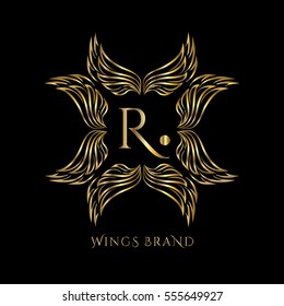 Golden wings frame luxury vector logo design template for boutique, restaurant, hotel, fashion store, menu, business card or brand identity pack with letter R.