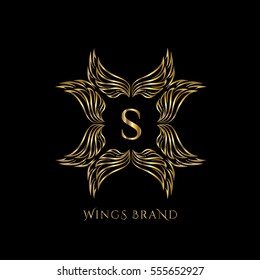 Golden wings frame luxury vector logo design template for boutique, restaurant, hotel, fashion store, menu, business card or brand identity pack with letter S.