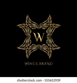 Golden wings frame luxury vector logo design template for boutique, restaurant, hotel, fashion store, menu, business card or brand identity pack with letter W.
