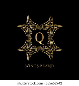 Golden wings frame luxury vector logo design template for boutique, restaurant, hotel, fashion store, menu, business card or brand identity pack with letter Q.
