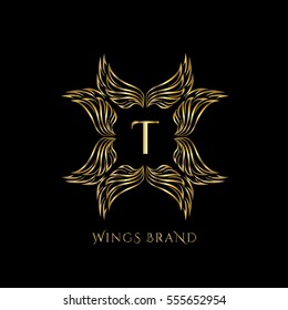 Golden wings frame luxury vector logo design template for boutique, restaurant, hotel, fashion store, menu, business card or brand identity pack with letter T.