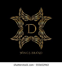 Golden wings frame luxury vector logo design template for boutique, restaurant, hotel, fashion store, menu, business card or brand identity pack with letter D.