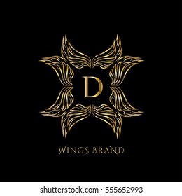 Golden wings frame luxury vector logo design template for boutique, restaurant, hotel, fashion store, menu, business card or brand identity pack with letter D.