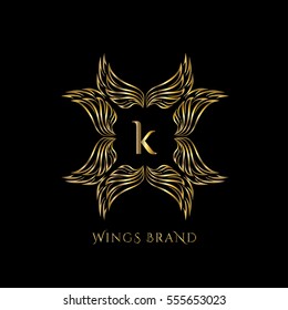 Golden wings frame luxury vector logo design template for boutique, restaurant, hotel, fashion store, menu, business card or brand identity pack with letter k.