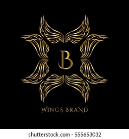 Golden wings frame luxury vector logo design template for boutique, restaurant, hotel, fashion store, menu, business card or brand identity pack with letter B.