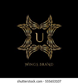 Golden wings frame luxury vector logo design template for boutique, restaurant, hotel, fashion store, menu, business card or brand identity pack with letter U.