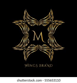 Golden wings frame luxury vector logo design template for boutique, restaurant, hotel, fashion store, menu, business card or brand identity pack with letter M.