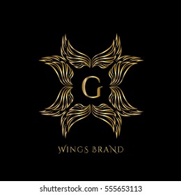 Golden wings frame luxury vector logo design template for boutique, restaurant, hotel, fashion store, menu, business card or brand identity pack with letter G.