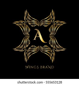 Golden wings frame luxury vector logo design template for boutique, restaurant, hotel, fashion store, menu, business card or brand identity pack with letter A.